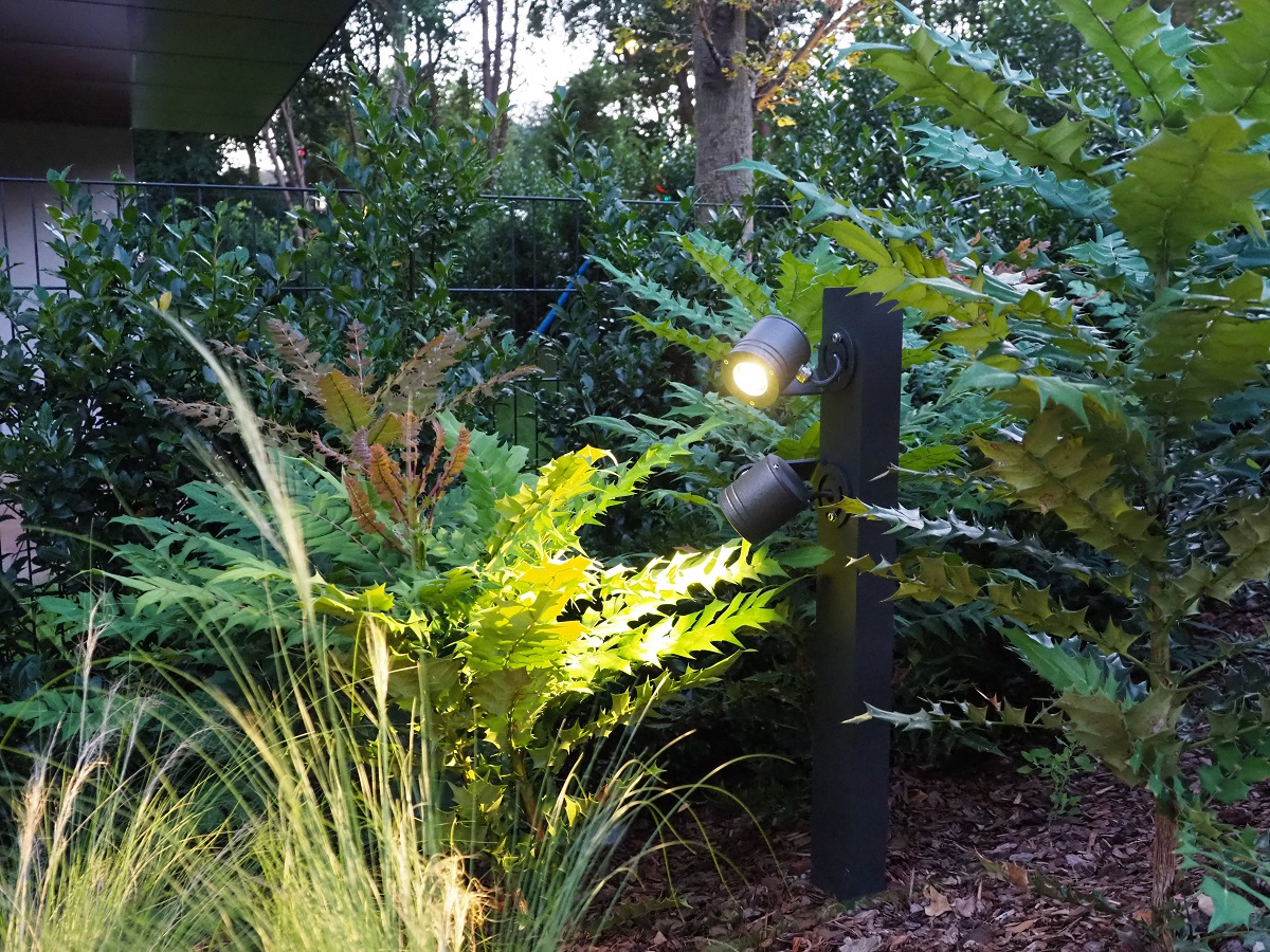 Słupek Dragonfly oświetla krzewy na osiedlu mieszkaniowym Opacka